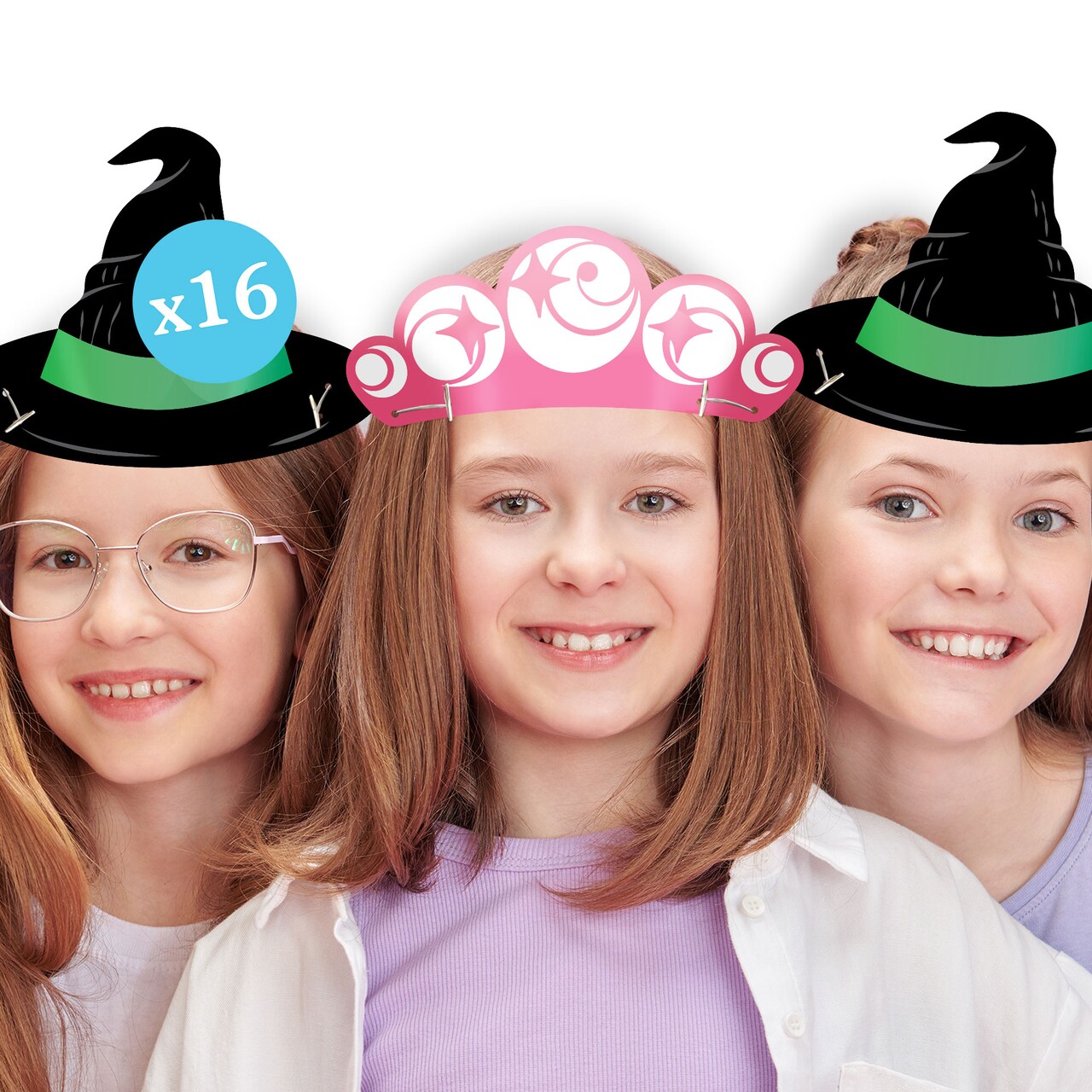 Big Dot of Happiness Paper Witch Hat and Pink Crown Headbands, Pink and Green Girls' Birthday Party, DIY Halloween Costume Party Hat Favors, 16 Count